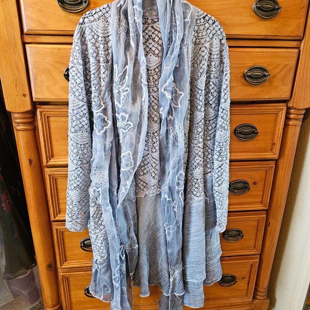 Simply Couture 1XL Waterfall Cardigan Open Front Long Flowy Lace & Mixed Fabric